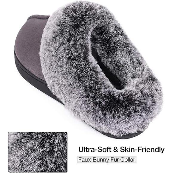 Women's Classic Microsuede Memory Foam Slippers Rubber Sole Faux Fur Collar - Picture 3 of 5